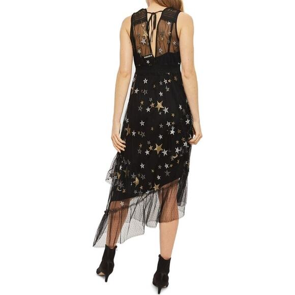 Topshop Embroidered Metallic Star Swiss Dot Plunge Neck Asymmetrical Midi Dress - Picture 6 of 10